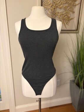 American Eagle Outfitters Charcoal Ribbed Scoop Neck Bodysuit
